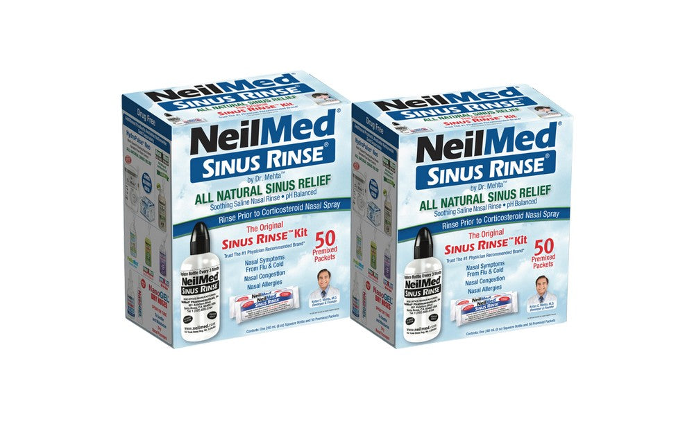 NeilMed Sinus Rinse Kit Combo Pack - 2 Sinus Rinse Bottles & 100 Premixed Packets for Nasal Allergies & Daily Hygiene pH Balanced Saline Solution for Sinus Pressure Relief Value Pack
