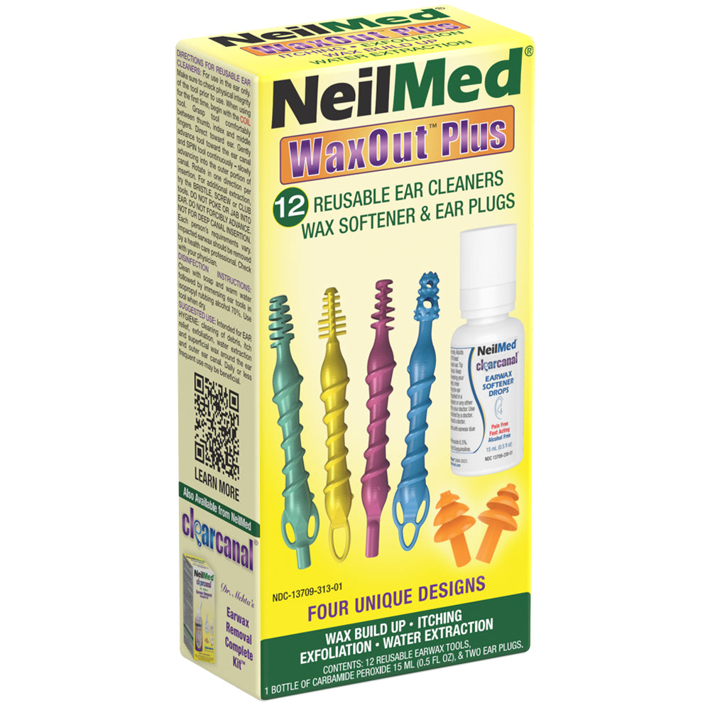Packaging of NeilMed WaxOut Plus ear cleaners, displaying the product name, features, and the tools inside the box.
