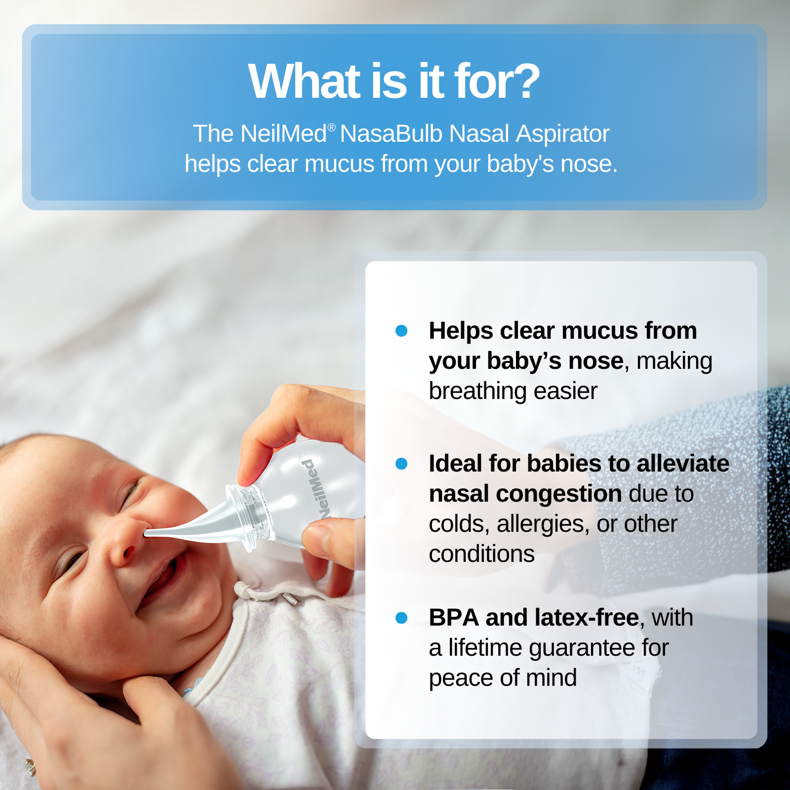 Baby being given a Nasal Aspirator with product features highlighted.