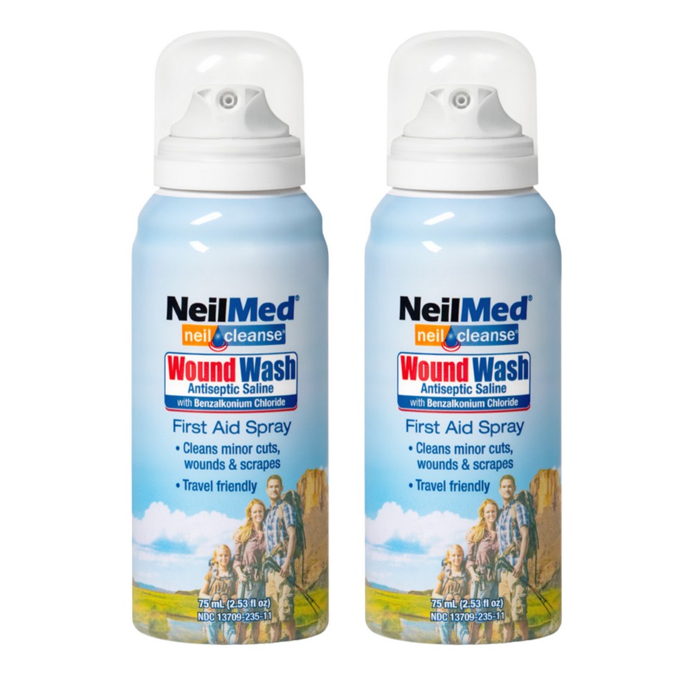 Two bottles of NeilMed Wound Wash First Aid Spray on a white background