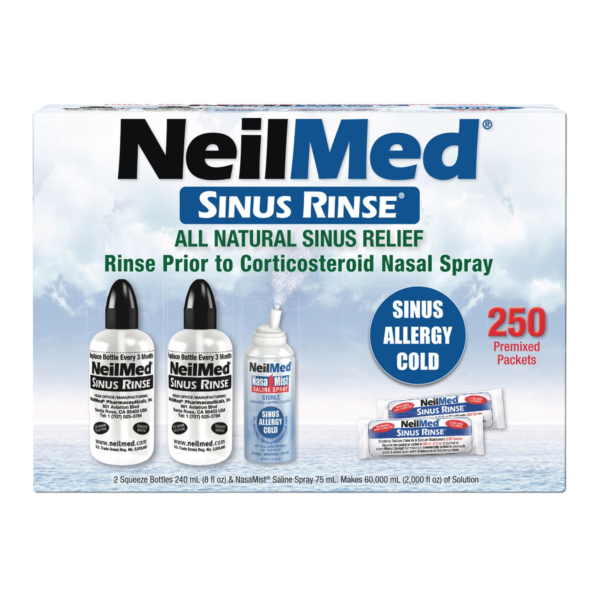 NeilMed Sinus Rinse product box showing bottles and a nasal spray package, with text for natural sinus relief and 250 premixed packets on a white background.