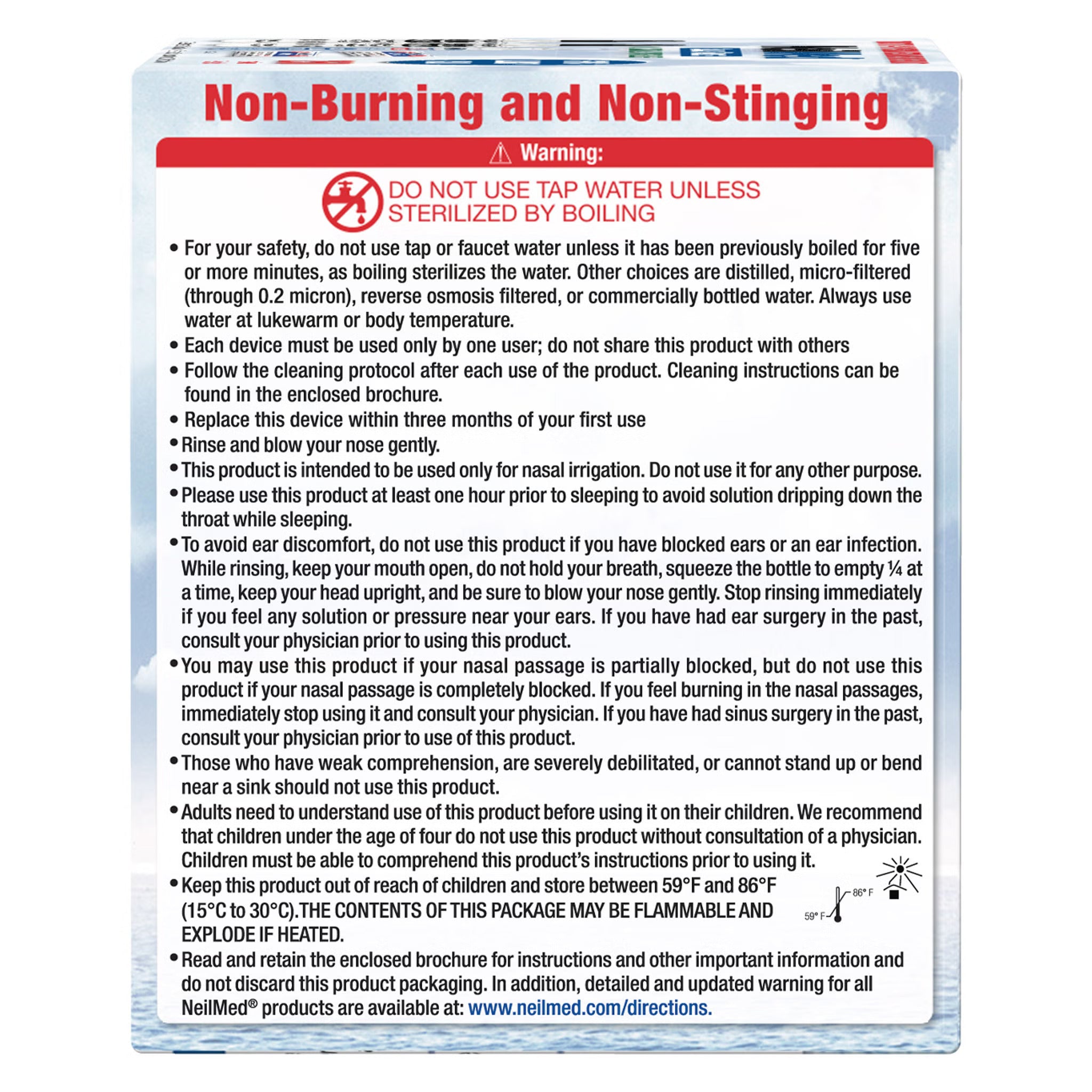 A white rectangular product information card with a red and blue header reading 'Non-Burning and Non-Stinging' and a warning section with bullet points and a circular warning icon, on a white background.