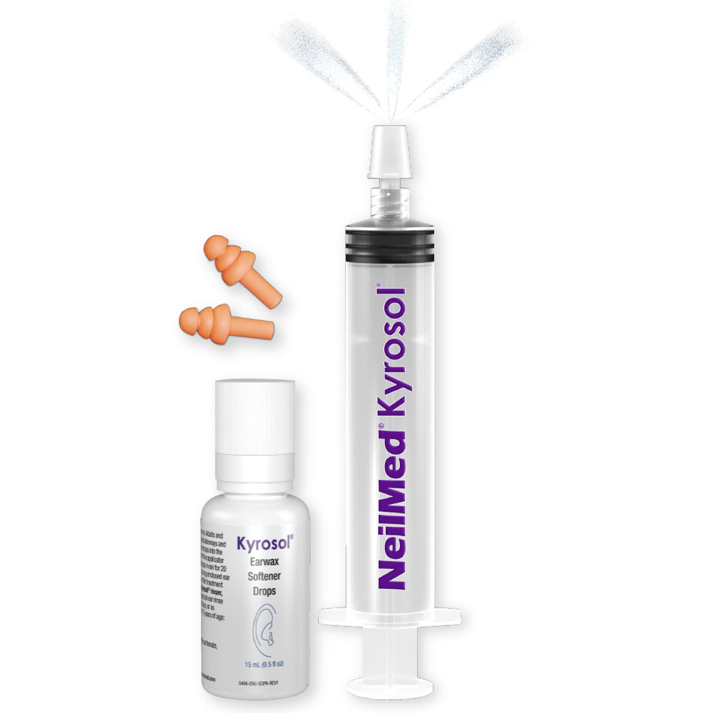 NeilMed Kyrosol earwax softener spray and drops on a white background