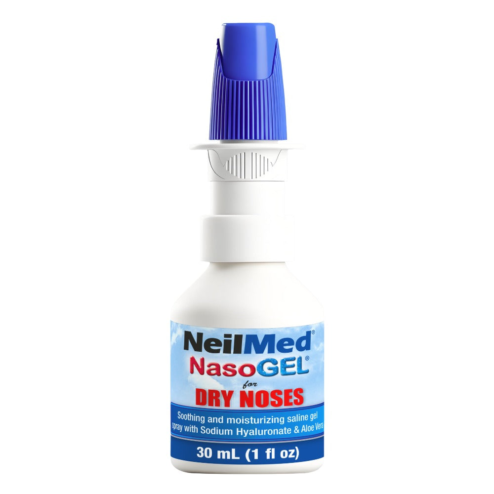 A bottle of NeilMed NasoGEL for Dry Noses, featuring a white plastic bottle with a blue cap and a blue and white label.