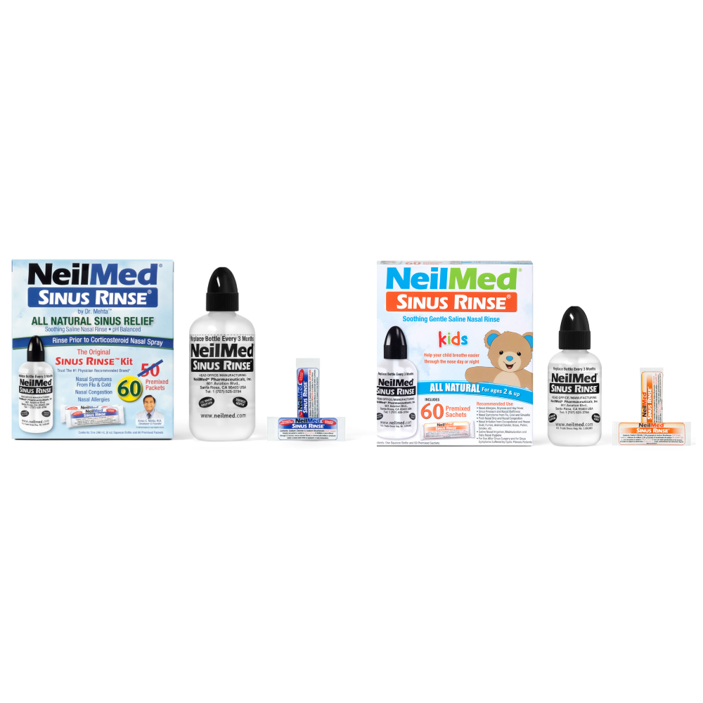 Collection of NeilMed Sinus Rinse products on a white background