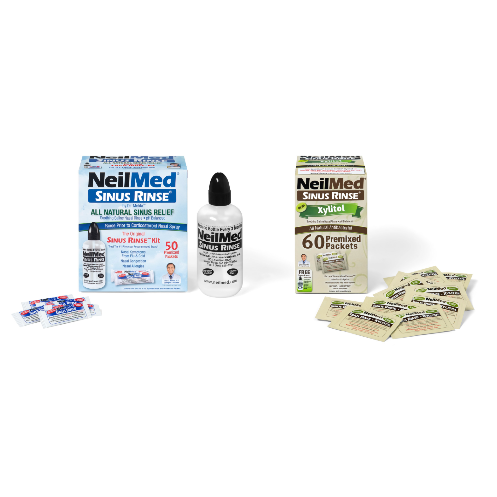 NeilMed sinus rinse products including a box, bottle, and packets on a white background