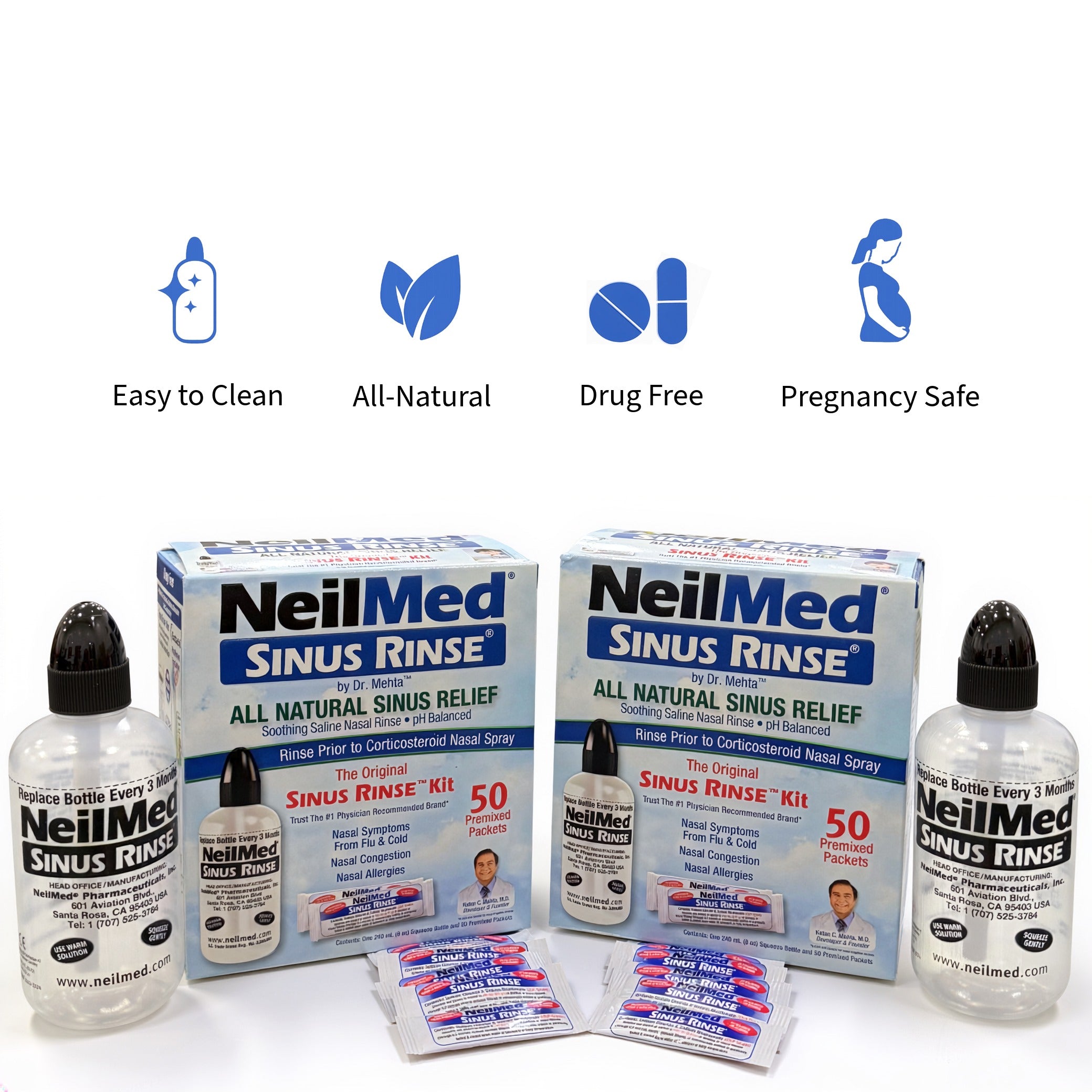 NeilMed Sinus Rinse Kit Combo Pack - 2 Sinus Rinse Bottles & 100 Premixed Packets for Nasal Allergies & Daily Hygiene pH Balanced Saline Solution for Sinus Pressure Relief Value Pack